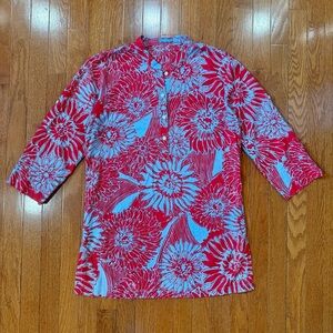 J. McLaughlin Women's Small Tunic Top 3/4 Roll Tab Sleeves Floral Popover Cotton